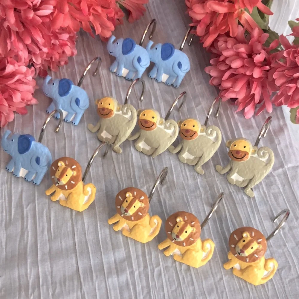 JUNGLE THEMED kids bathroom Shower Curtain Hooks Lion Monkey & Elephant set 12